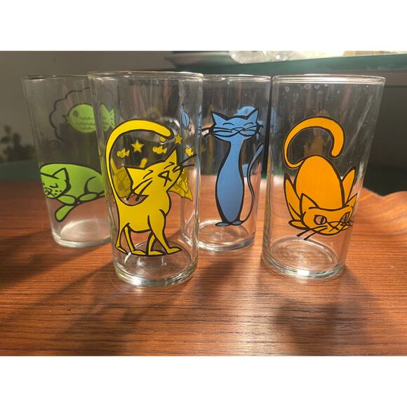 Rare Libbey Cat Juice Glasses Precidio World Market 8 oz Colorful Cats Drinkware - Picture 3 of 3